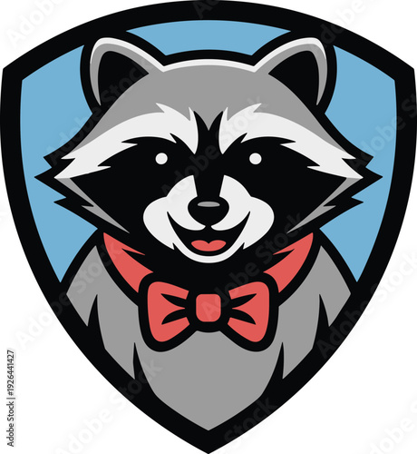 A cartoon raccoon wearing a red bow tie on a blue shield vector illustration