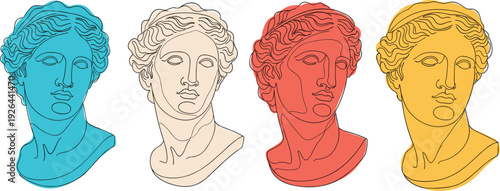 Ancient Greek Statue Head Bust Vector Set with Colorful Minimalist Line Art Portraits for Modern Vaporwave Graphic Designs and Aesthetic Streetwear Branding Apparel
