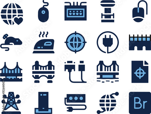 Vector set of modern blue icons featuring computer peripherals bridges power lines global network symbols electronic connectors and hardware for professional digital design