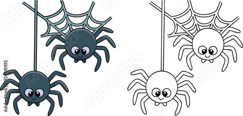 Spider and Bats Illustration and outline set isolated on transparent background