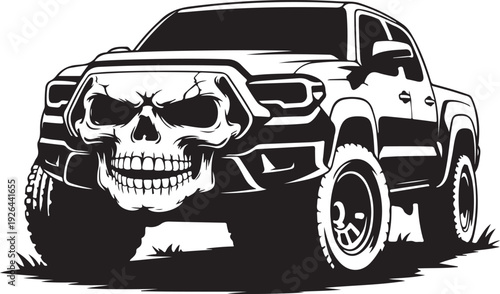 Black and white illustration of a pickup truck with a skull on the front grille