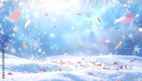 A serene winter scene bathed in soft light, showcasing a snowy landscape with falling confetti and snowflakes, creating a whimsical atmosphere