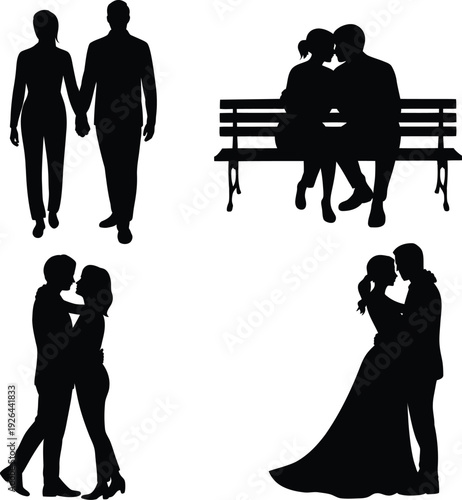 Black silhouettes of couples kissing and holding hands