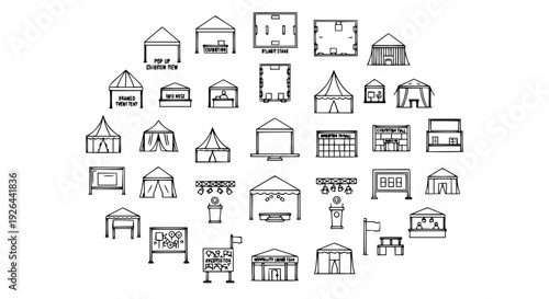 Event Tent Icon Set Featuring Various Tent Structures and Layouts for Outdoor, Festival, and Market Designs