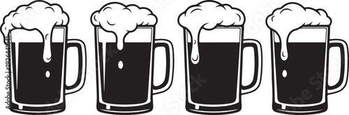 Four black beer mugs with handles and foamy tops white