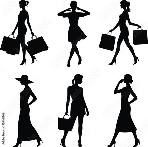 Black silhouettes of women in various poses with shopping bags