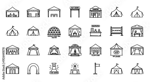 Vendor Stall and Tent Icon Set Featuring Various Market Stalls and Booth Designs for Outdoor Events and Fairs