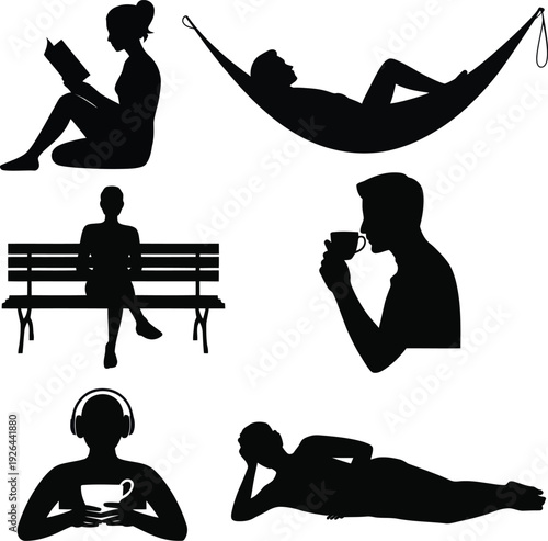 Black silhouettes of people relaxing and reading relaxation