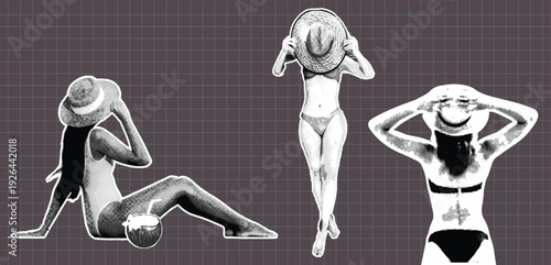 Retro vintage pop art comic style halftone collage summer holiday vacation  girls with Swimsuit bikini hat with paper cutouts sticker style Vintage summer holiday girls halftone illustrations