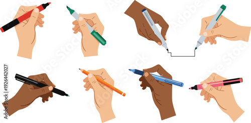Diverse Hands Holding Felt Tip Markers Pens and Pencils Vector Set for Creative Writing Sketching Educational Tutoring and Office Stationery Graphic Illustrations