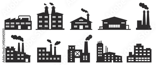 Industrial Building Icon Set, Vector Line Illustrations of Factories, Power Plants, Chemical Manufacturing, Warehouses, and Nuclear Energy Facilities for Industry Design.