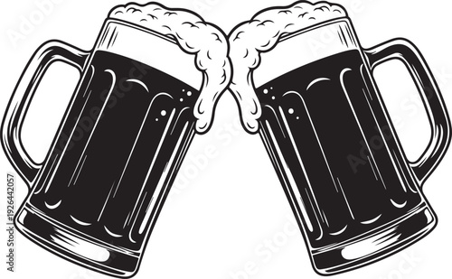 Two beer mugs clinking together with foam black and white 1