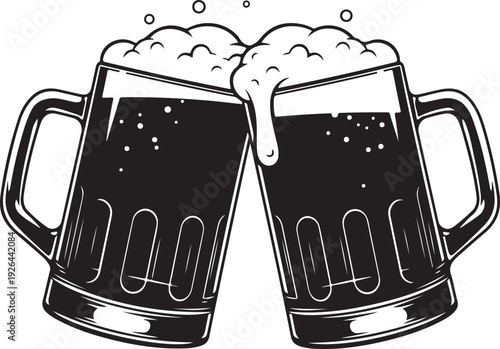 Two beer mugs clinking together with foam black and white 2