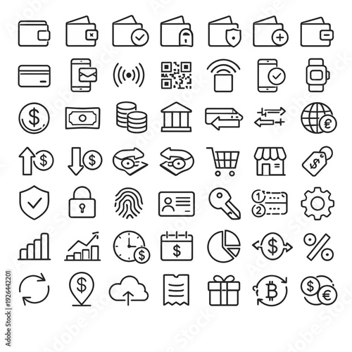 Collection of finance and commerce icons representing various aspects of online transactions and digital payments