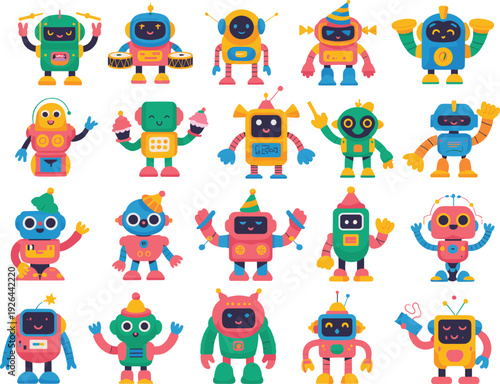Colorful Vector Set of Cute Friendly Robots and Cyborg Characters in Flat Illustration Style for Kids Education Technology and Modern Artificial Intelligence Design