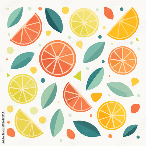 Vibrant citrus fruits and leaves pattern on white background.