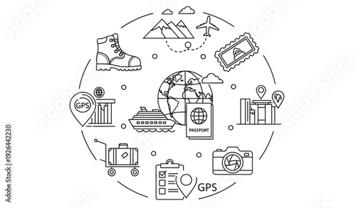 Travel and Exploration Line Icons Vector Set with Editable Stroke Outline Design Elements