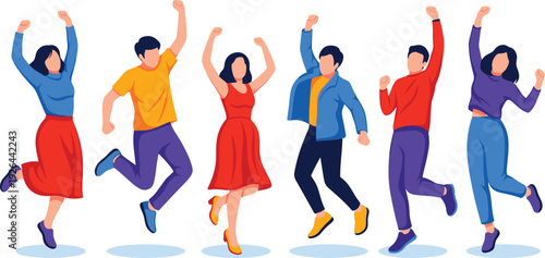 Diverse Joyful People Jumping in Celebration Vector Set with Happy Men and Women Expressing Success Freedom and Excitement for Community and Achievement Graphics