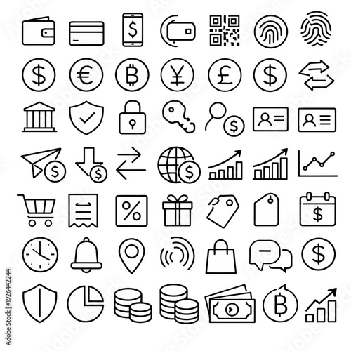 Collection of Finance and E-commerce Icons Representing Various Aspects of Online Transactions and Digital Payments