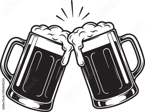 Two beer mugs clinking together with foam celebration