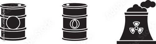 Industrial barrels and nuclear reactor icons in black