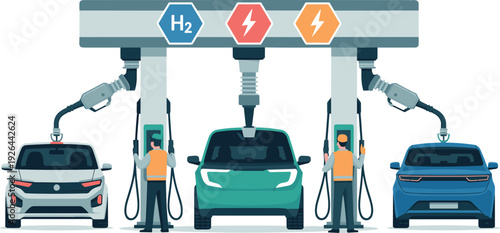 Alternative fuel station concept illustration, electric vehicle charging and hydrogen refueling cars at modern energy station