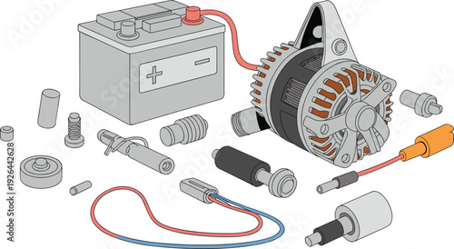 Car Alternator and Battery Charging System Components with Electrical Spare Parts Isolated on White Background for Automotive Repair Maintenance and Vehicle Electricity ConceptCar Alternator and Batte