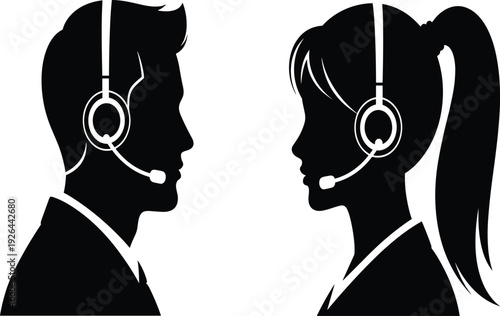 Customer service headset operators silhouette illustration, male and female call center support vector isolated on light background