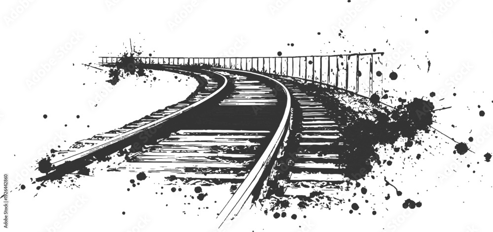 Obraz premium Vector line art black and white simple vector illustration of a curved railway track, simple line art, ink splashes.