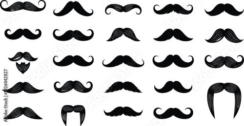 Diverse Mustache Silhouette Set with Vintage Handlebar Chevron Walrus and Pencil Facial Hair Styles for Barber Shop Branding Movember Campaigns and Father's Day Graphics