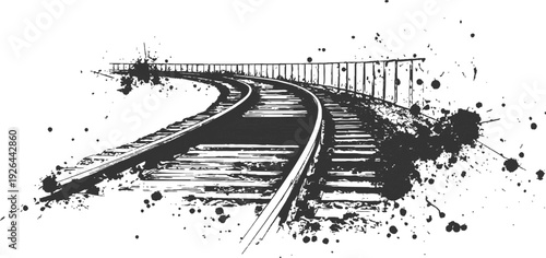 Vector line art black and white simple vector illustration of a curved railway track, simple line art, ink splashes.