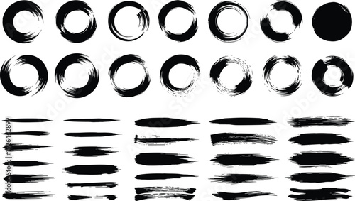 Abstract Black Ink Brush Stroke and Zen Circle Icon Set with Hand-Drawn Textured Paint Splatter, Grunge Swash, and Artistic Calligraphy Element Vectors