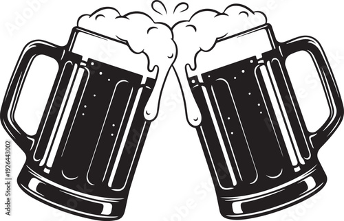 Two beer mugs clinking together with foam on black and white
