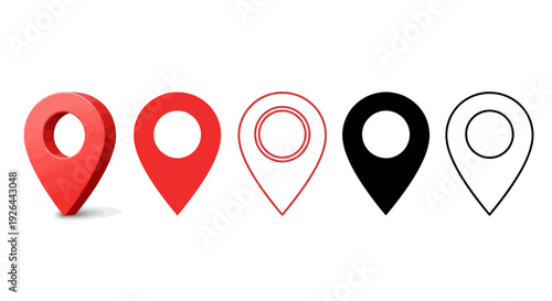 Collection of five different map pin location markers in red and black, offering diverse styles from 3D rendered to outline illustrations