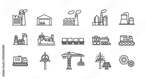Industrial and transportation icons representing various aspects of industry and movement.
