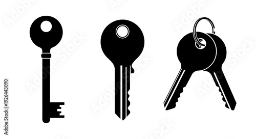Black silhouette of three keys, one a vintage skeleton key, and two modern house keys on a keyring, isolated on white background