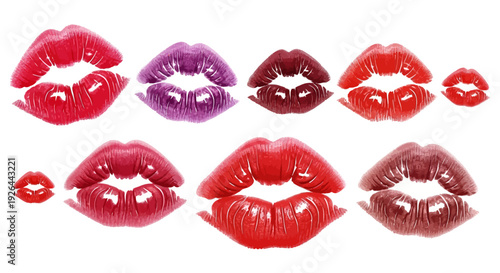 A vibrant collection of diverse lipstick kiss prints, showcasing various shades and sizes, perfect for beauty, love, and expressive themes