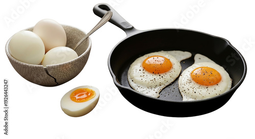 Breakfast egg composition featuring fried eggs in skillet and boiled eggs in ceramic bowl