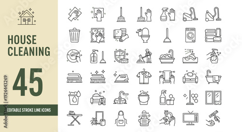 Editable line icons for house cleaning services and home maintenance, featuring 45 essential graphics