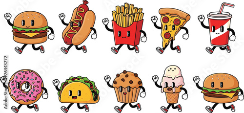 Set of retro cartoon fast food characters including burger hot dog fries pizza soda donut taco muffin and ice cream,