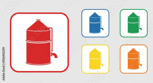 Red industrial tank with a conical top and a spigot, isolated on white background.