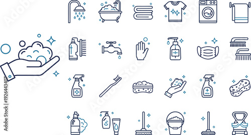 Cleaning and Hygiene Icon Set with Line Art Symbols for Hand Washing, Housekeeping, Personal Care, Sanitizing, Laundry, and Health Protection Vectors