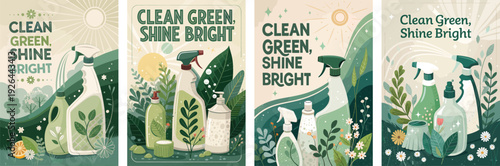 Eco-friendly cleaning illustrations with vibrant plant motifs and spray bottles.