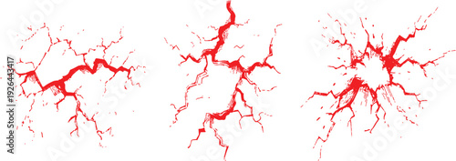 Red cracked surface textures, broken glass shattered fragments or wall fissures graphic vector illustration.