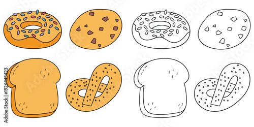 Hand-drawn cartoon and doodle set of bakery products on a white background.