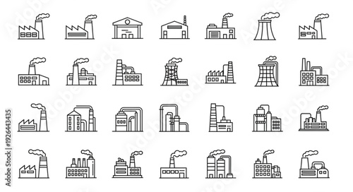 Collection of industrial factory buildings with smoke stacks in a line, black and white.