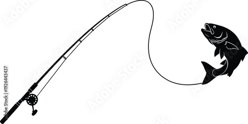 Fishing rod with hooked fish silhouette, black and white angling sport vector illustration isolated on light background