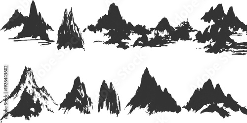  Mountain set silhouette clip art drawing nature sketch white background. Detailed illustration of a towering mountain range with rocky terrain and sharp peaks. 