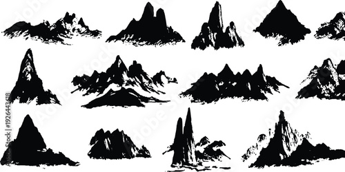  Mountain set silhouette clip art drawing nature sketch white background. Detailed illustration of a towering mountain range with rocky terrain and sharp peaks. 