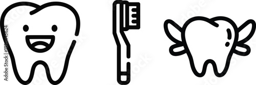 Dental Vector of Playful tooth icons with smiling faces and toothbrush